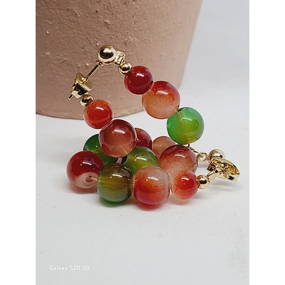 Red‎ and Green Agate Bead Gold Tone Hoop Post Earrings Bohemian Gemstone Jewelry